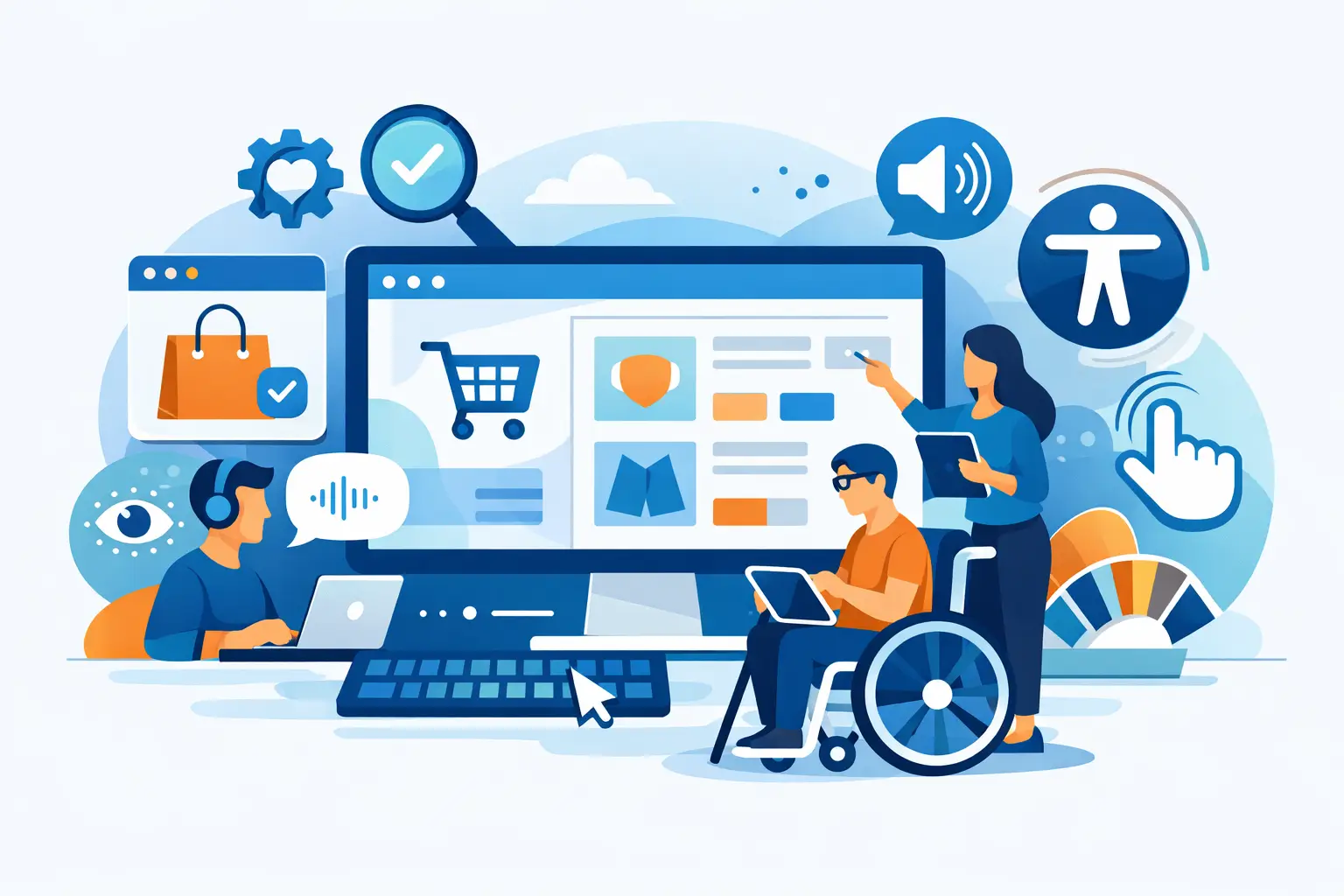 Beste Accessibility Tools für Online Shops: Personen prüfen einen barrierefreien Online-Shop auf einem Monitor mit Accessibility-Symbolen